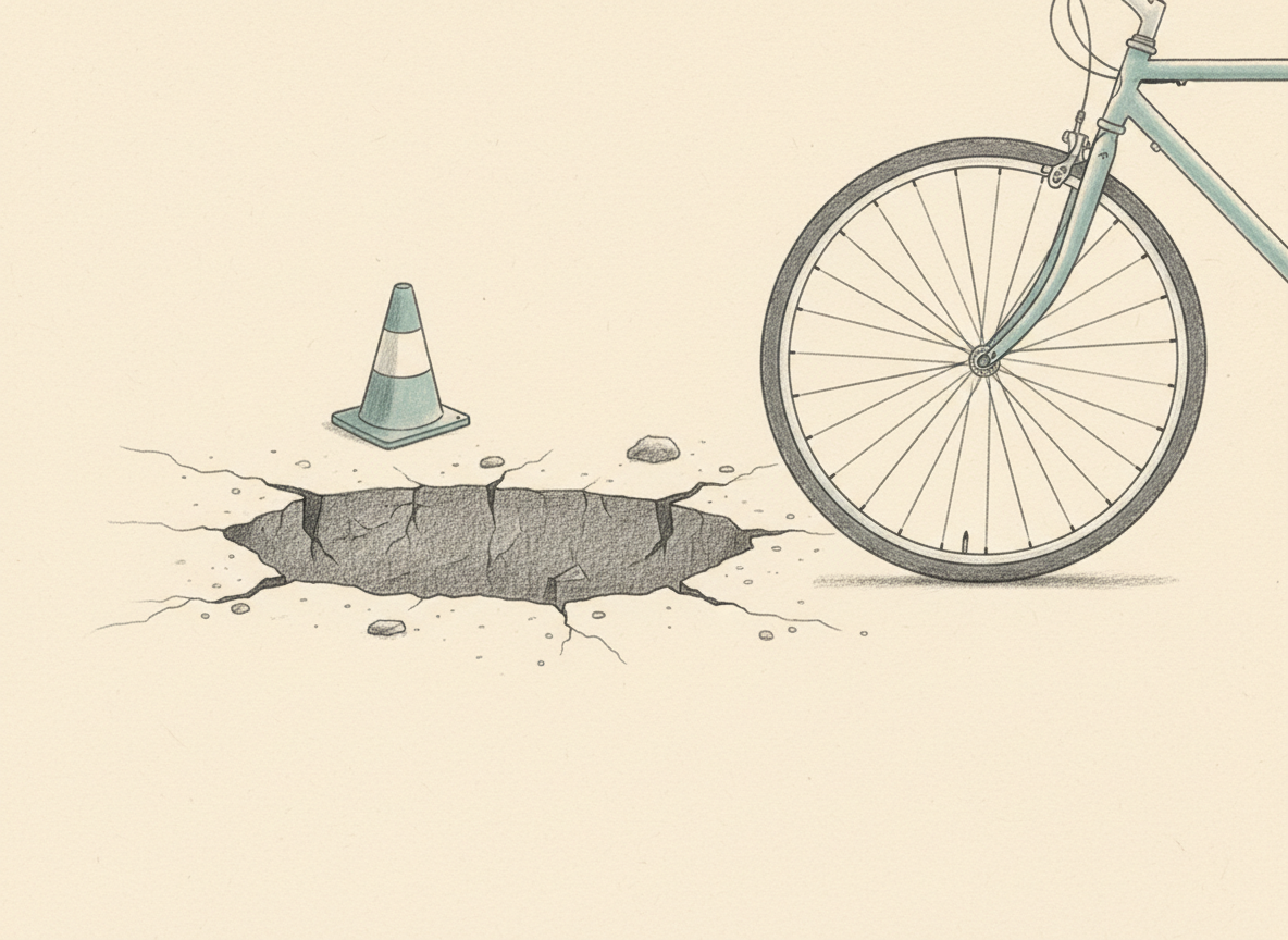 Illustrazione a matita di una buca nell'asfalto con un cono di segnalazione e una ruota accanto.