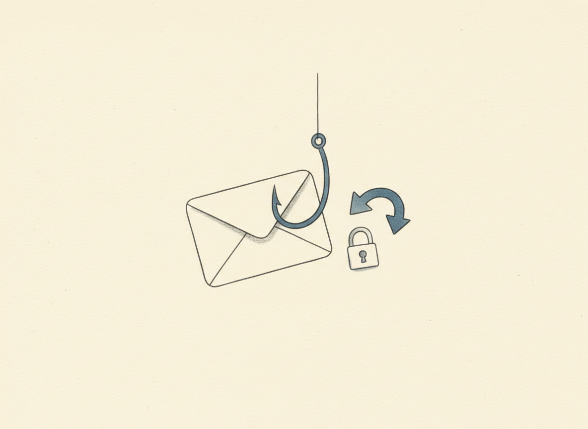 Illustrazione a matita di una busta email agganciata a un amo con un lucchetto e una freccia di bonifico.