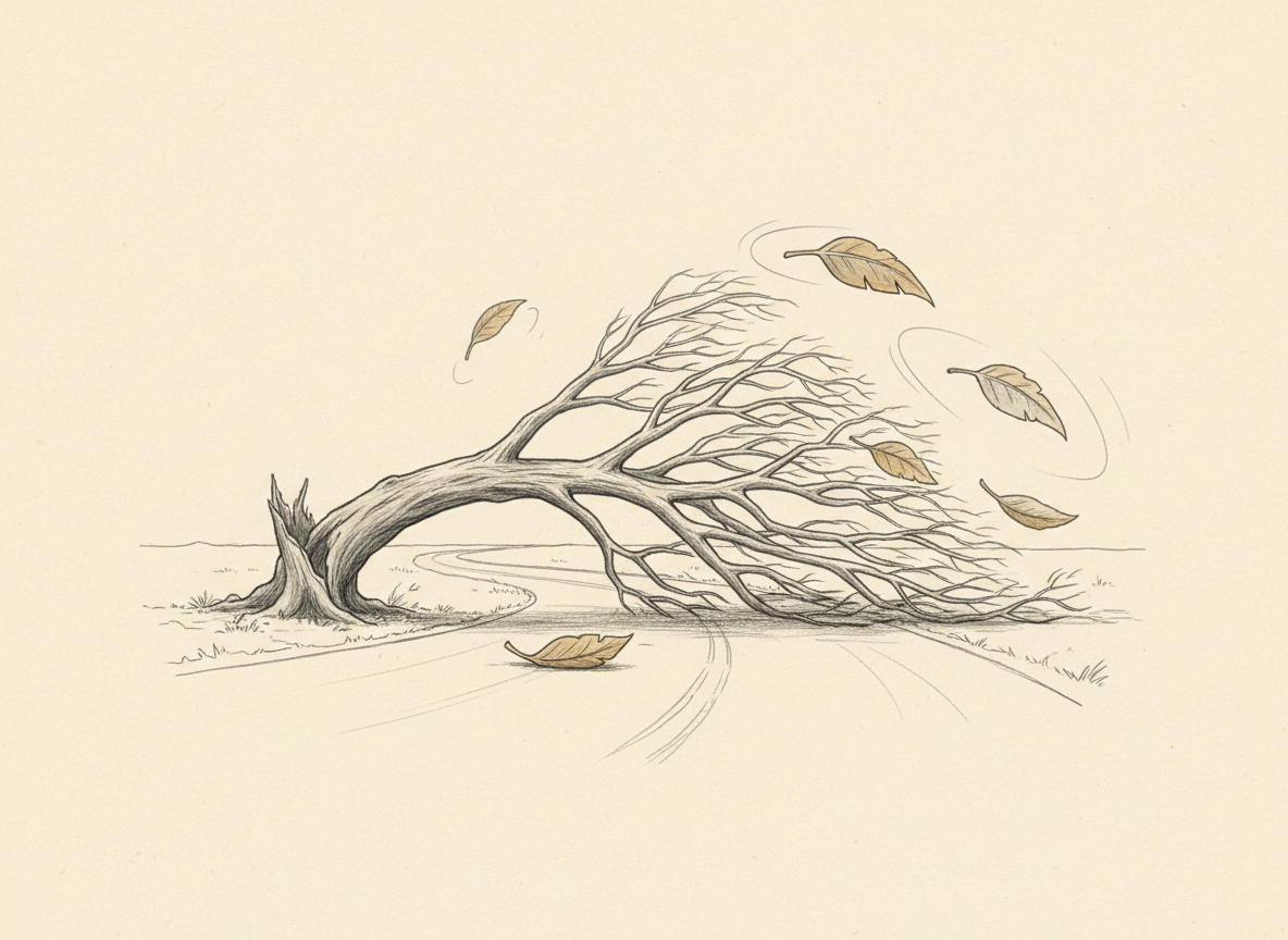 Illustrazione a matita di un grande albero caduto su una strada per il vento forte.