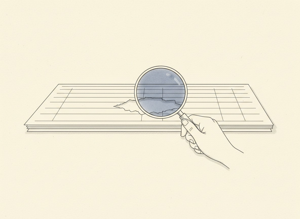 Illustrazione a matita di un estratto conto bancario sotto una lente, con una sezione mancante.