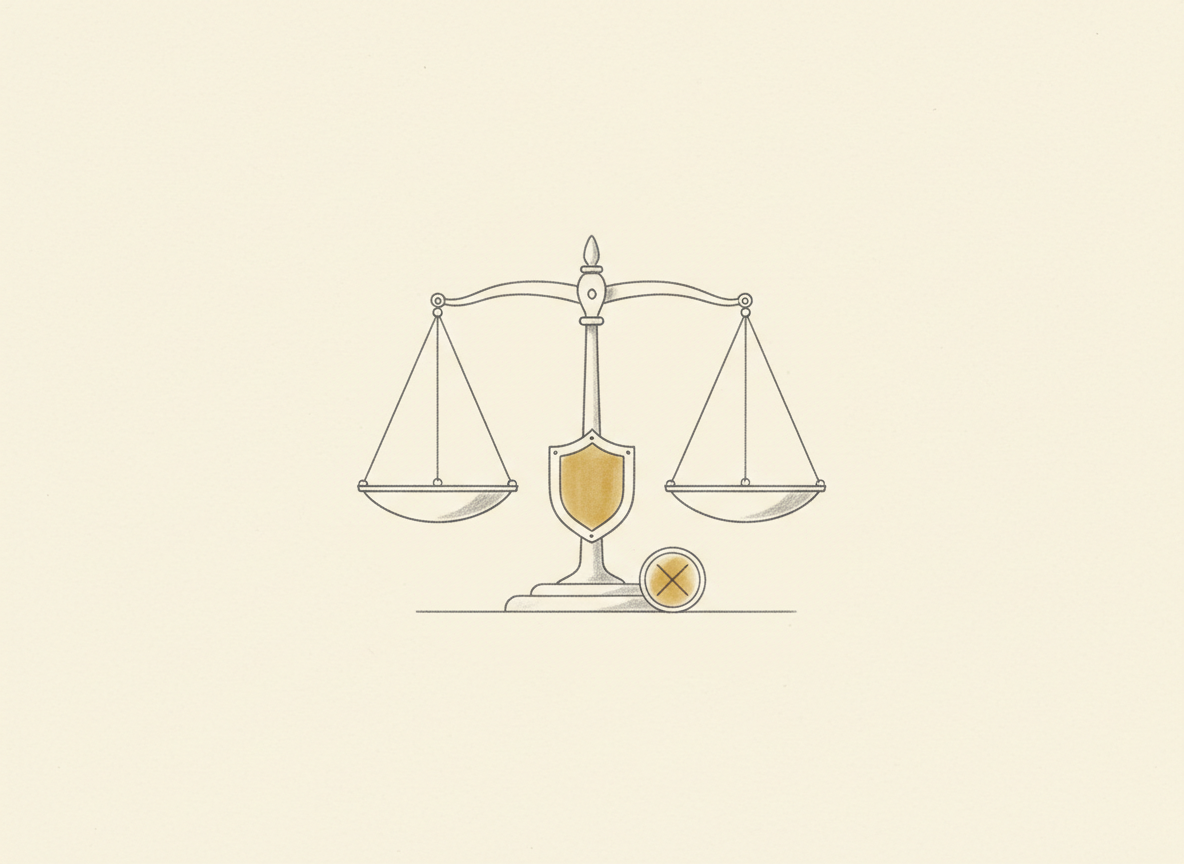 Illustrazione a matita di una bilancia della giustizia con uno scudo e una moneta barrata.