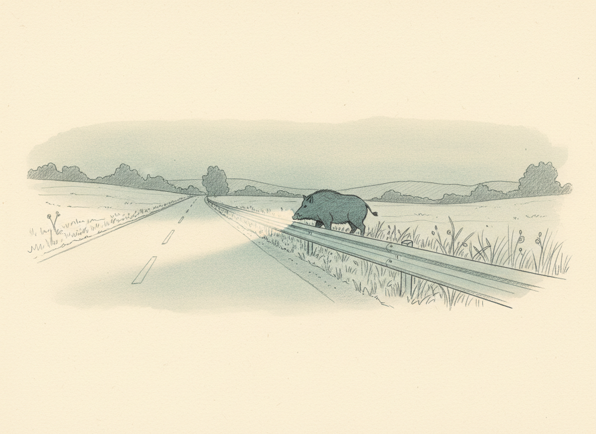 Illustrazione a matita di una strada di campagna con la sagoma di un cinghiale vicino al guardrail.