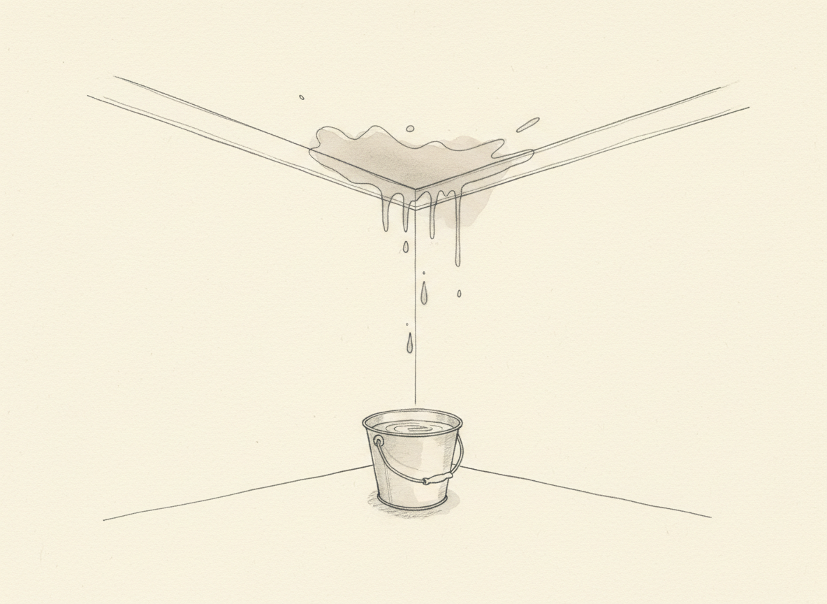 Illustrazione a matita di un soffitto con un'infiltrazione d'acqua che gocciola in un secchio.