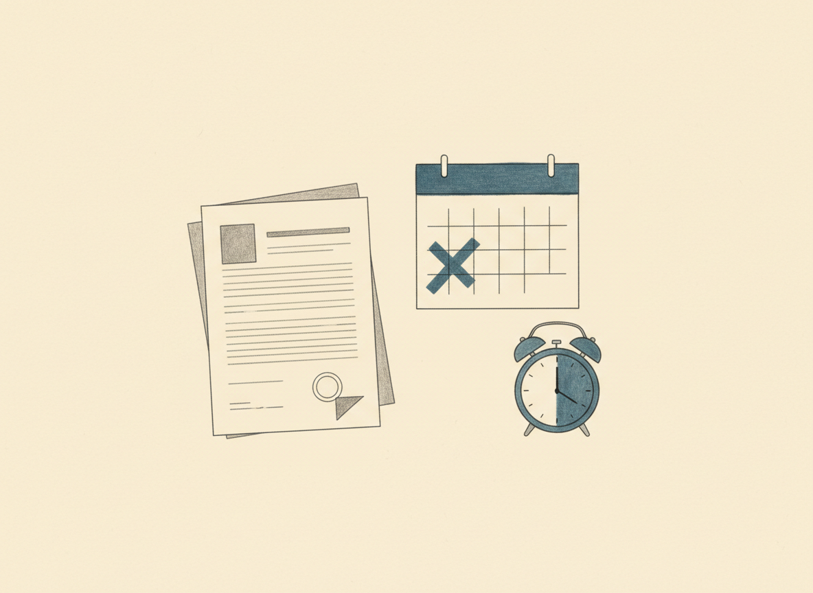 Illustrazione a matita di un decreto ingiuntivo accanto a un calendario con una scadenza e una sveglia.