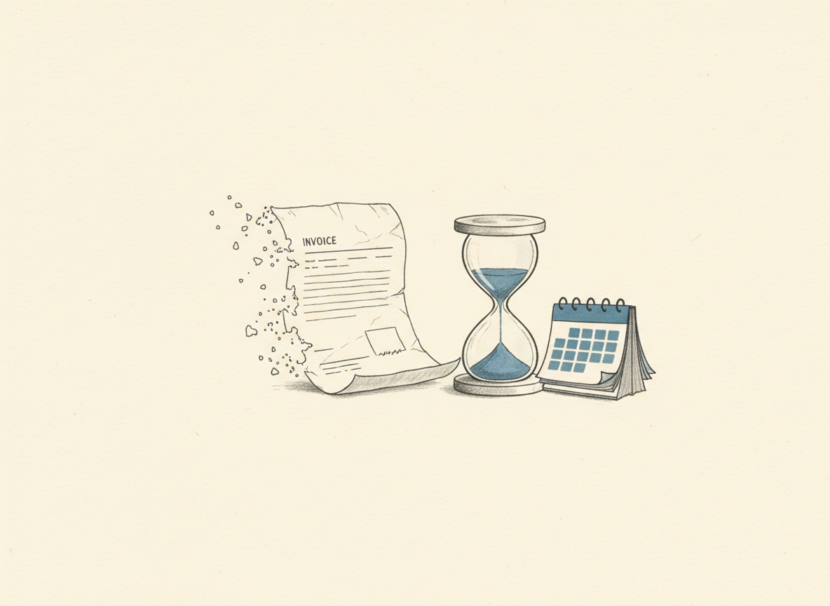 Illustrazione a matita di una vecchia fattura che sbiadisce accanto a una clessidra e un calendario.