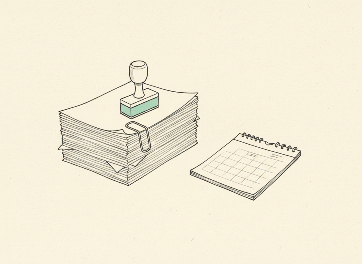 Illustrazione a matita di un fascicolo di atti con un timbro e una pagina di calendario strappata