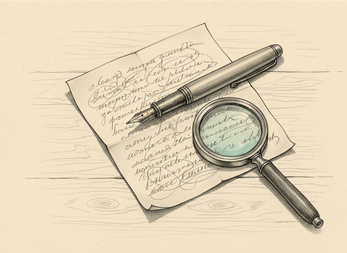 Disegno a matita di una penna stilografica appoggiata su un foglio piegato, con una lente d'ingrandimento accanto